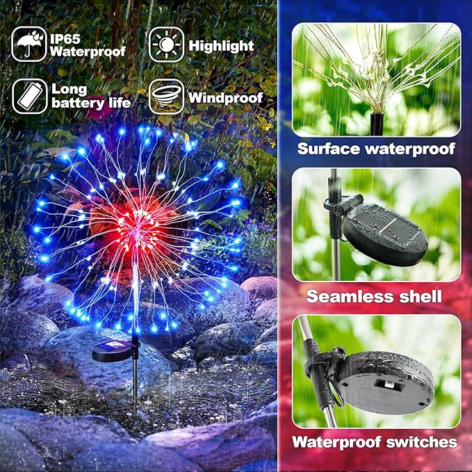 Anordsem Solar Garden Lights Outdoor: Bendable Copper Wire with 120 LED Firework Beads - Waterproof 2 Red Lighting Modes for Yard Patio Path - Gardening Gifts for Homeowner Gardener
