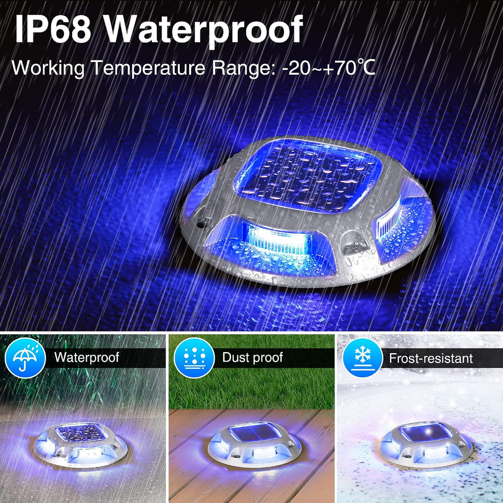 Solar Driveway Lights - 10 Pack, IP68 Waterproof, 2 Color Modes (Blue/White) for Step, Sidewalk, Pathway, Patio, Garden