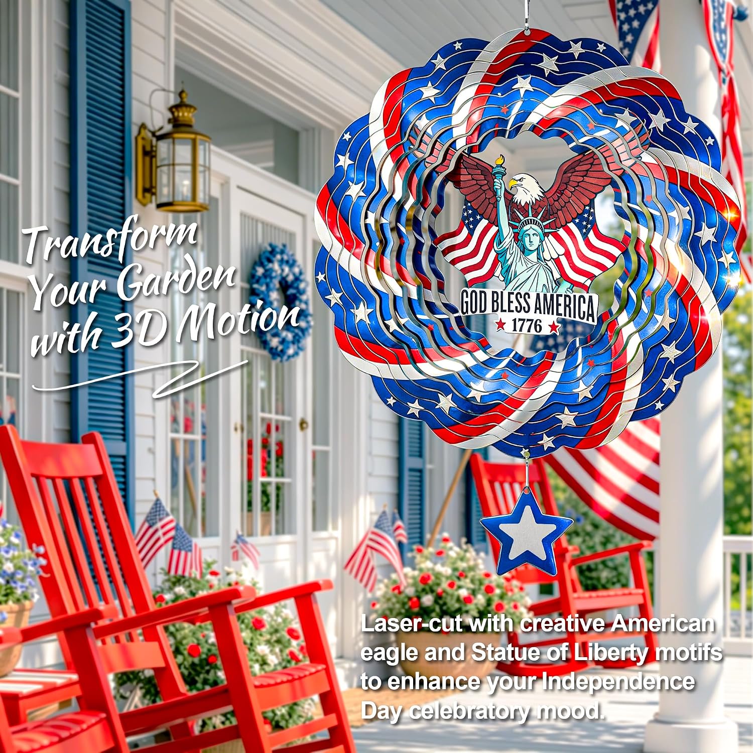 250th USA Anniversary 12 Inch Wind Spinner Patriotic Decoration | Patriotic Outdoor Garden Decor with Statue of Liberty Design, Stainless Steel Yard Art for Outdoor & Indoor, Gift for Men