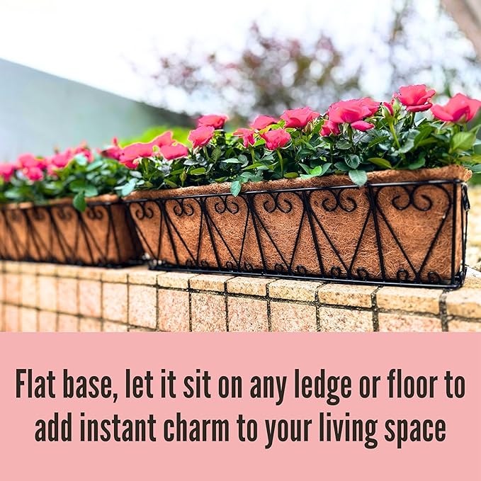 LaLaGreen Wall Hanging Planter - 4 Pack, 24 Inch Large Black Window Flower Basket Boxes Outdoor Attach House, Rectangular Deck Railing Hanging Pot with Coco Liner Over Rail Fence Balcony Patio Porch