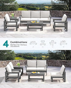SERWALL HDPE Patio Furniture Set, 7-piece Outdoor Sectional Sofa Set, All Weather Outdoor Couch Set for Deck, Lawn, Grey Frame with Khaki Cushion