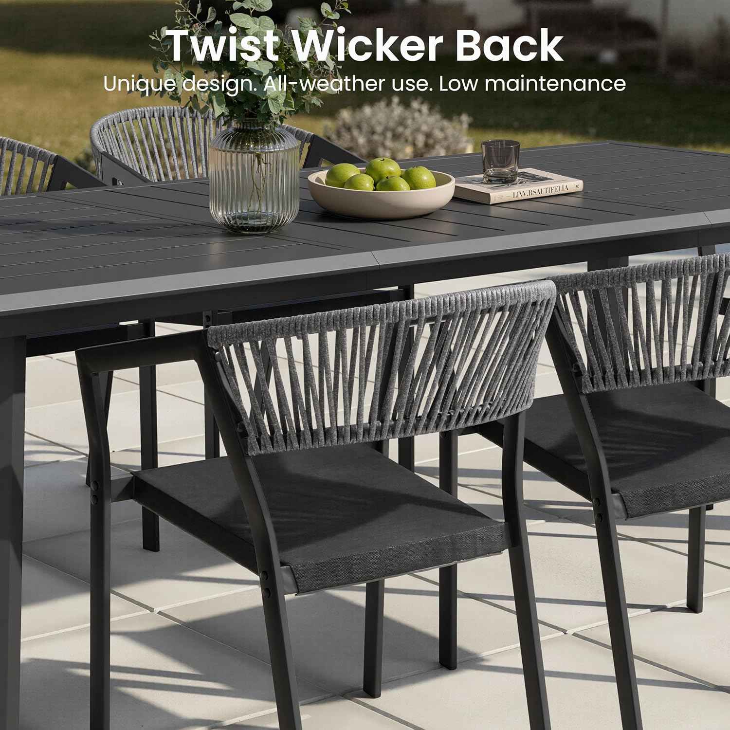 Patio Dining Chairs Set of 2 Aluminum Stackable Outdoor Chairs | Wicker Barrel Backrest Armchairs for Patio, Deck, Backyard, Grey