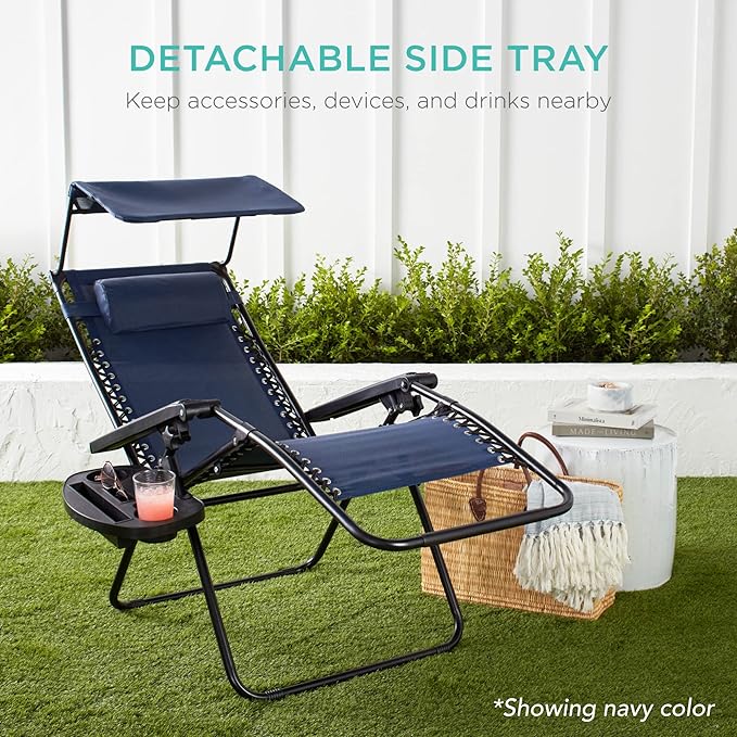 Best Choice Products Folding Zero Gravity Outdoor Recliner Patio Lounge Chair w/Adjustable Canopy Shade, Headrest, Side Accessory Tray, Textilene Mesh - Forest Green