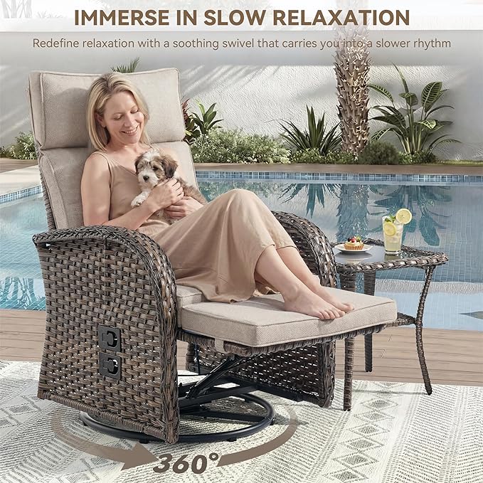 Zero Gravity Patio Swivel Rocking Recliner Chair - Wicker Outdoor Lounge Chair with Adjustable Backrest & Footrest, All Weather Reclining Rocker Chairs with Thick Cushion for Pool Deck Beige