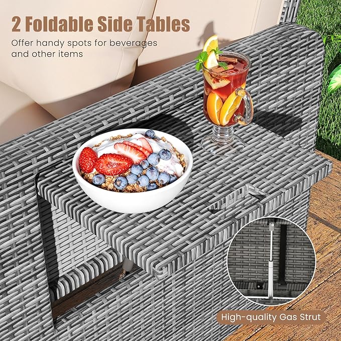 LDAILY Moccha Outdoor Daybed, Wicker Loveseat Sofa Set with 4-Postion Adjustable Backrest, Storage Ottoman, Cushions, Rattan Double Bed Lounger, Patio Furniture Set (Mixed Gray+Beige)
