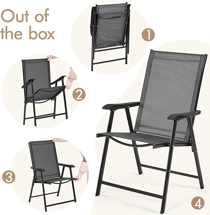 Yaheetech Patio Dining Chairs Set of 2 with Armrests, Outdoor Folding Chairs with Metal Frame and Backrest for Lawn, Garden, Yard and Poolside, Black