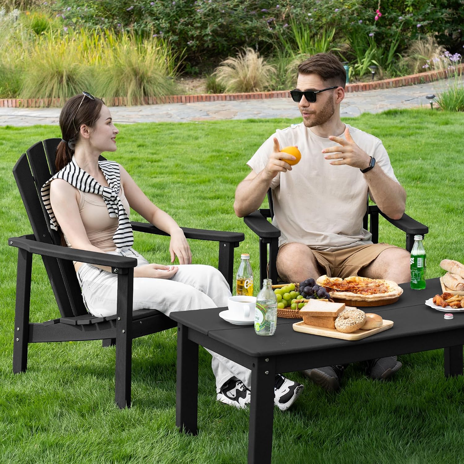 Compact Stackable Adirondack Chairs Set of 4,HDPE,Black | 26.3" Wide HDPE,380lb,All-Weather Outdoor.Maintenance-Free.Stackable for Storage.25°Curved Straight Backrest.Quick Assembly
