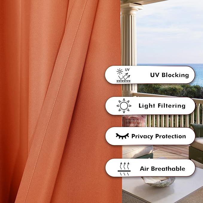 BONZER Outdoor Curtains for Patio Waterproof Thick Privacy Wide Grommet Light Filtering Outside Curtains for Porch Pergola Gazebo Deck, 1 Panel, 110W x 108L inch, Mecca Orange