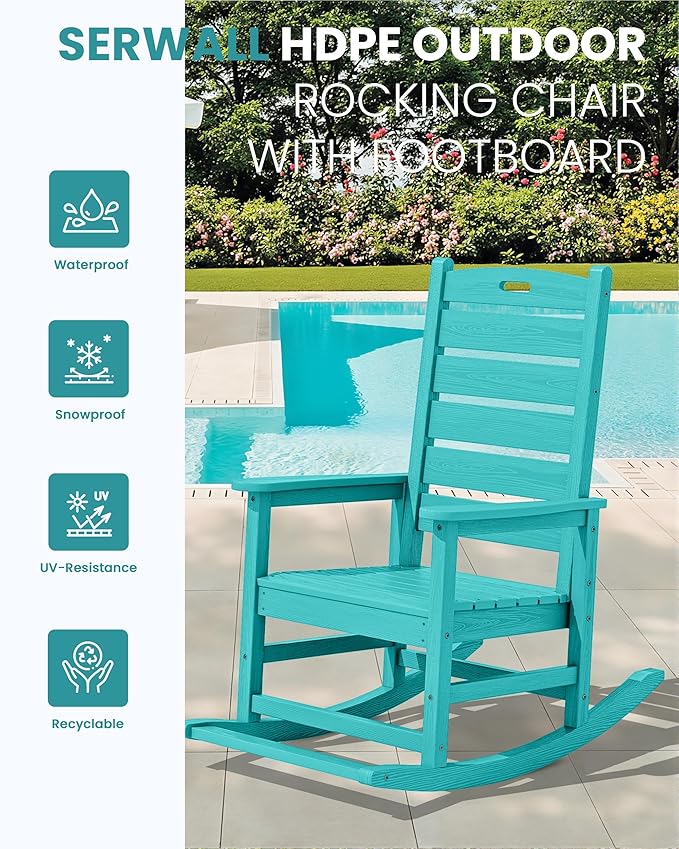 SERWALL Outdoor Rocking Chair Set of 2, Oversized Rocking Chair with Footboard for Adults, HDPE All Weather Resistant Rocking Chairs for Patio, 350lbs Weight Capacity,Aruba