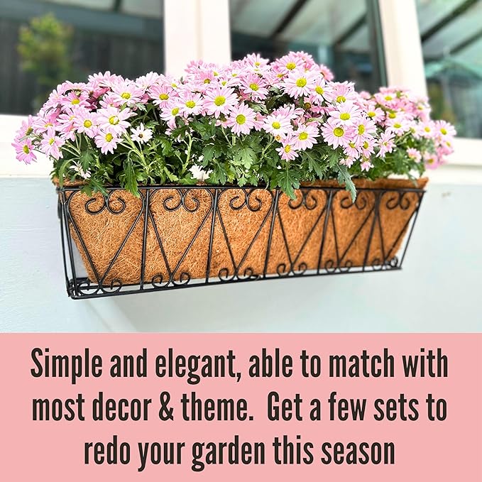 LaLaGreen Wall Planter - 4 Pack, 30 Inch Large Black Window Flower Basket Boxes Outdoor Attach House, Rectangular Deck Railing Hanging Pot with Coco Liner Over Rail Fence Balcony Patio Porch