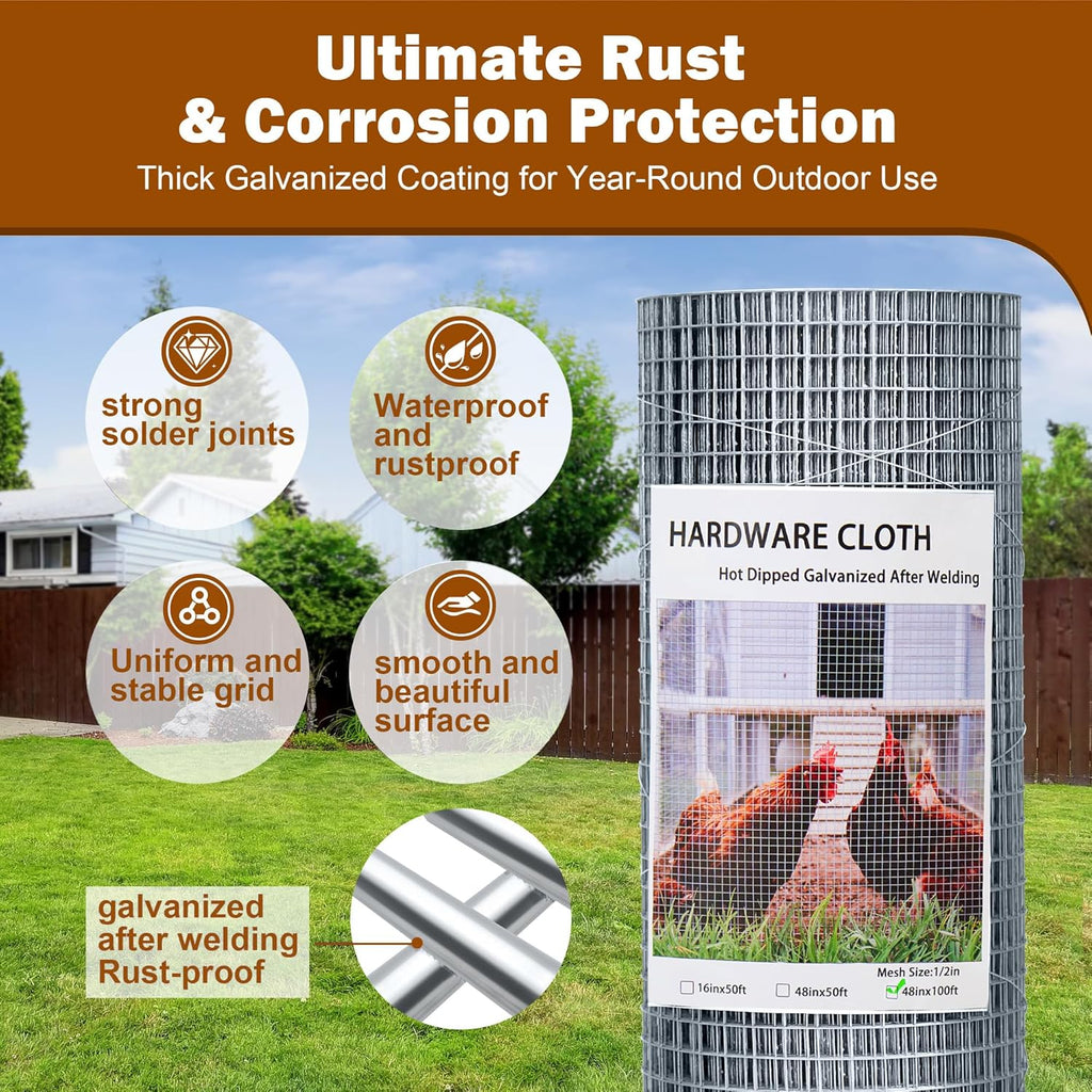 Hardware Cloth 1/2in 48in x100ft Hot Dip Galvanized Rust Resistant Welded Wire Mesh,Chicken Wire Fence Garden Plants Fencing,Chicken Coop Rabbit Poultry Critters Metal Cage Roll