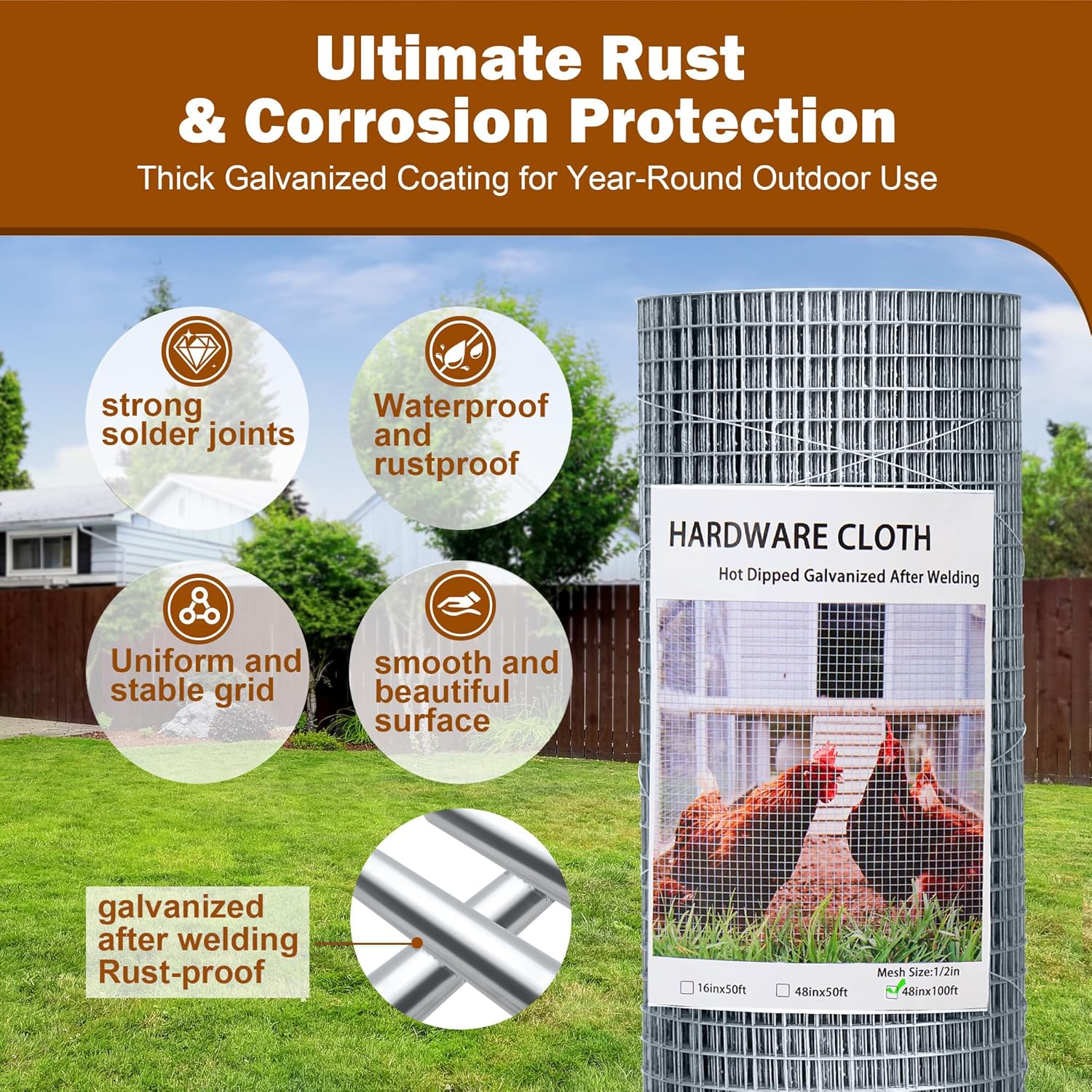 Hardware Cloth 1/2in 48in x100ft Hot Dip Galvanized Rust Resistant Welded Wire Mesh,Chicken Wire Fence Garden Plants Fencing,Chicken Coop Rabbit Poultry Critters Metal Cage Roll