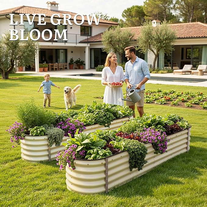 YITAHOME 17" Tall 9 in 1 Large Raised Garden Bed Kit, 8x2x1.4ft Galvanized Metal Planter Box with Gloves & Safety Rubber, Outdoor Above Ground Planters for Plants Vegetables Flowers, Cream Yellow