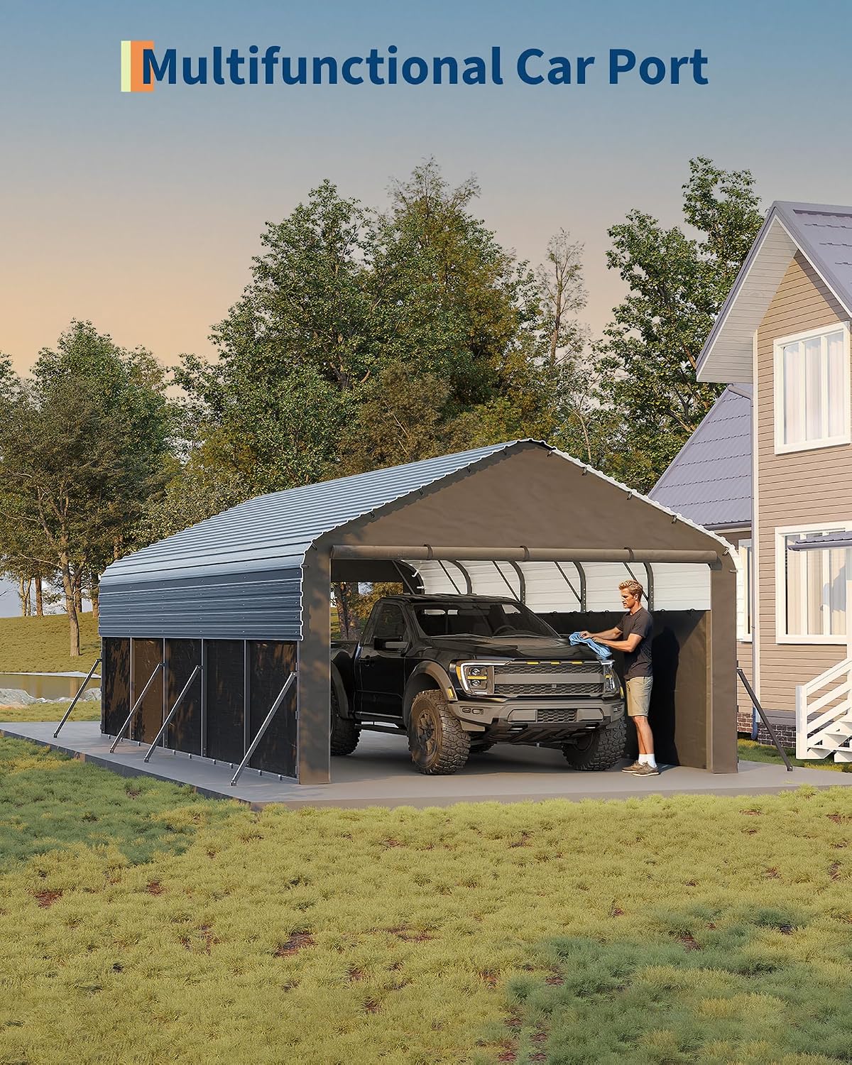 garvee 12x25x9 ft metal carport oversized, enclosed car showing dimensions