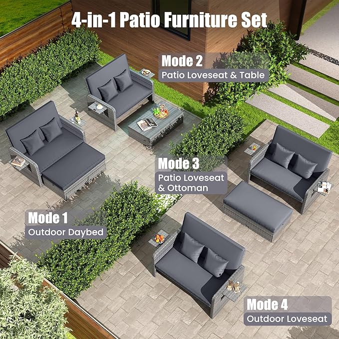 LDAILY Moccha Outdoor Daybed, Wicker Loveseat Sofa Set with 4-Postion Adjustable Backrest, Storage Ottoman, Cushions, Rattan Double Bed Lounger, Patio Furniture Set (Mixed Gray+Gray)