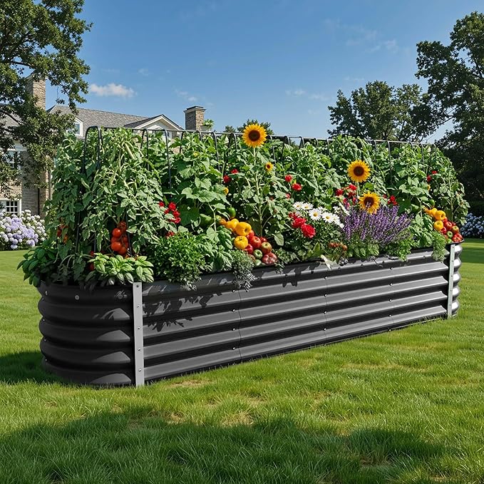 YITAHOME 17" Tall 9 in 1 Raised Garden Bed Kit,96x24 in Large Galvanized Metal Planter Box with Gloves & Safety Rubber, Outdoor Flower Bed for Plants Vegetables Flowers, Black