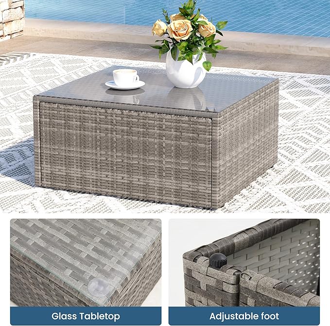 8 Pieces Outdoor Patio Furniture Set with 43" Fire Pit Table, Wicker Outdoor Patio Sectional Sofas with Coffee Table and Cushions, All-Weather Patio Conversation Set for Garden Backyard, Light Blue