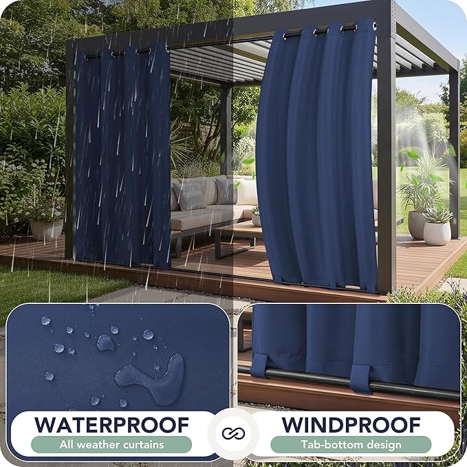 Outdoor Curtains for Patio Waterproof 6 Panels - Windproof, Privacy, Weatherproof Outside Drapes for Gazebo Pergola Porch, Grommet Top and Tab Bottom, 54x108 Inch, Navy