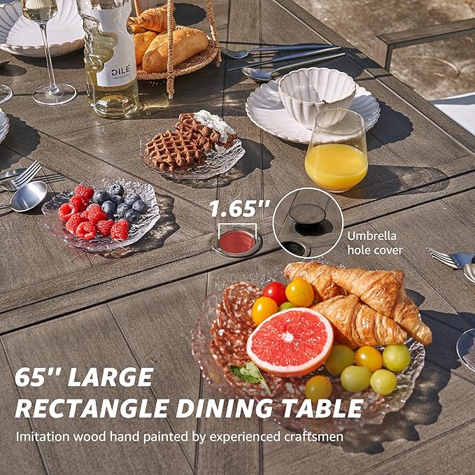 NATURAL EXPRESSIONS 7 Piece Patio Dining Table Outdoor Furniture Set for 6, 6Pcs Fixed Dining Chairs with Olefin Cushions, 65”Large Dining Table with Umbrella Hole
