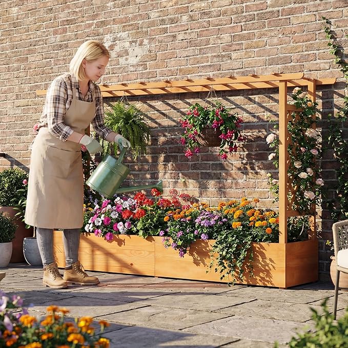 Giantex 2 Pcs Raised Garden Bed with Trellis & Hanging Roof, Wood Planter Box with Bottom & Drainage Holes, Freestanding Garden Planter for Flower Fruit Vegetable Herb Climbing Vine (77"x14.5"x45")
