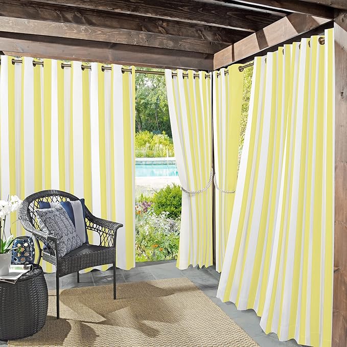 Sun Zero Valencia 2-Pack Cabana Stripe Indoor/Outdoor UV Protectant Energy Efficient Grommet Curtain Panel Pair, Yellow, 54" x 84"