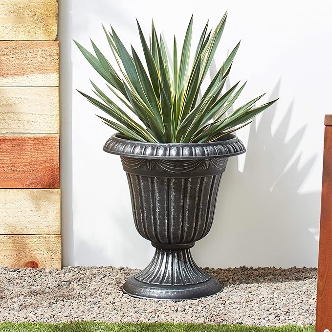 Arcadia Garden Products PL20SL Classic Traditional Plastic Urn Planter Indoor/Outdoor, 10" x 12", Brushed Silver