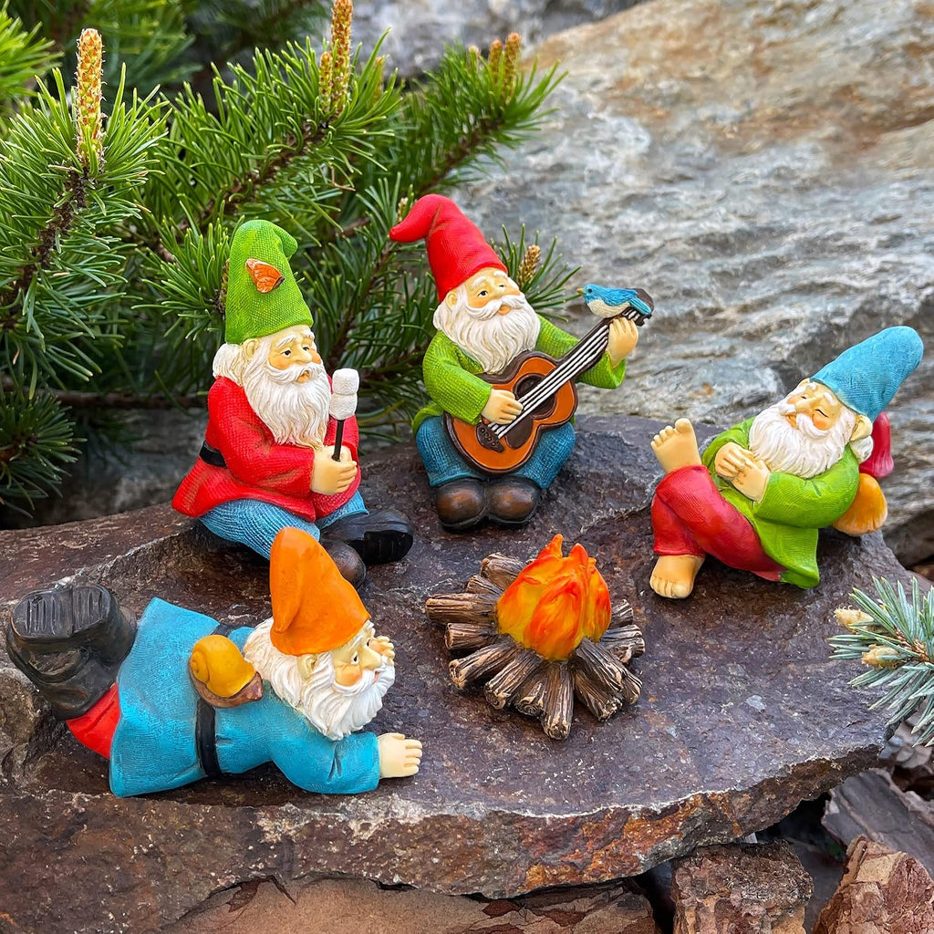 Mood Lab Garden Gnome Figurines - Camping Gnomes Set (5 pcs) - 2.6" H Miniature Decorative Statues & Accessories - Outdoor & Indoor Garden Decor