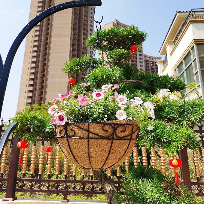 4 Pack 12 Inch Hanging Baskets for Plants Outdoor Metal Hanging Planter Hanging Flower Baskets with Coco Fiber Liners Chain Round Wire Plant Holder Flower Pots(Plaid)