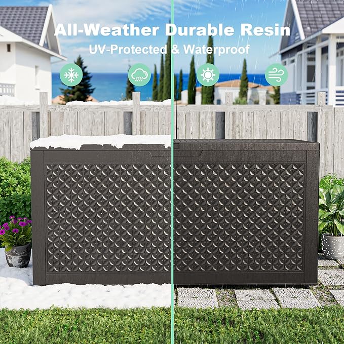 110 Gallon Resin Deck Box, Lockable Patio Outdoor Storage Box for Furniture, Garden Tools and Tools Storage, Waterproof Outside Storage Boxes - Patterned black