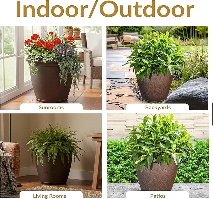 Sunnydaze 24-Inch Anjelica Large Plastic Pot for Plants - Outdoor Double-Walled Large Plastic Planter with Drillable Drainage Holes - Rust - 4pk