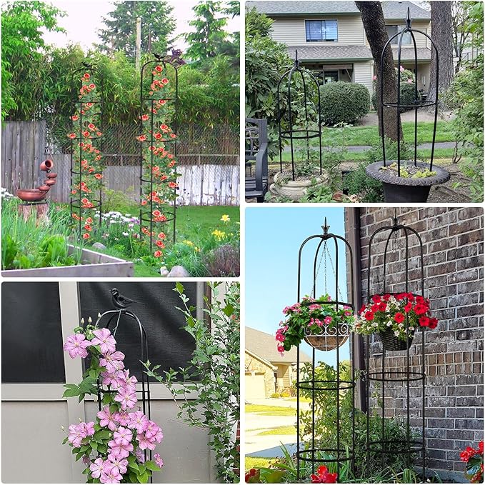 Tower Obelisk Garden Trellis for Climbing Plant，6.2FT/74.4" Rustproof Metal Potted Plant Climbing Support for Indoor Outdoor Flowers Vegetable Fruits Vines Support (2Pcs)