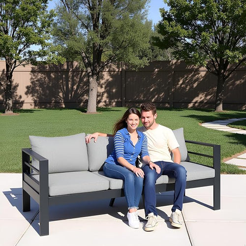 3-Seater All-Weather Iron Patio Sofa with Cushions - Heavy-Duty Metal Outdoor Sectional Couch for Garden, Poolside & Backyard (Modern Rust-Resistant Design)