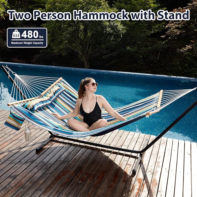 Two Person Hammock with Stand for Outside Heavy Duty, Outdoor Patio Hammock with Portable Steel Stand, Large Double Hammocks,480lbs Capacity.(Middle Blue Stripes)