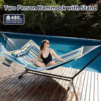 Two Person Hammock with Stand for Outside Heavy Duty, Outdoor Patio Hammock with Portable Steel Stand, Large Double Hammocks,480lbs Capacity.(Middle Blue Stripes)