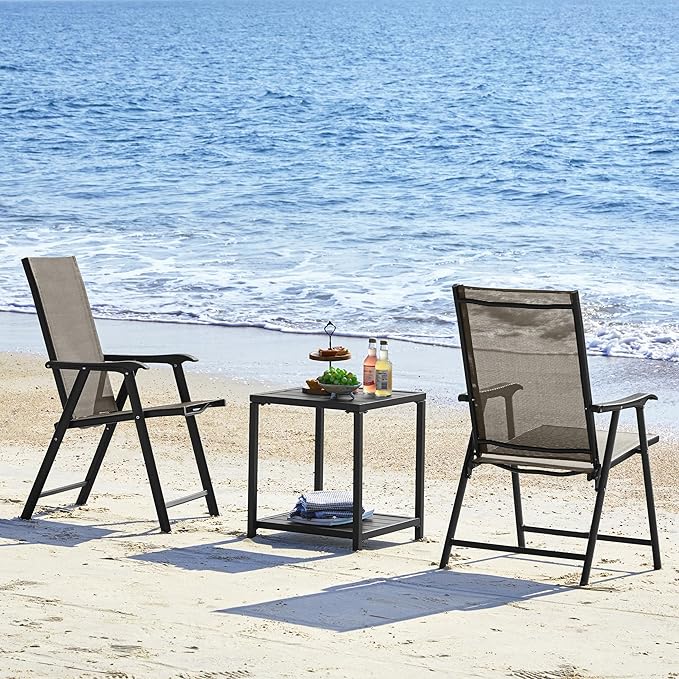 Yaheetech Patio Dining Chairs Set of 2, Portable Dining Chairs with Armrests for Camping, Lawn and Beach, Folding Patio Chairs 2-Pack of Metal Frame, Brown
