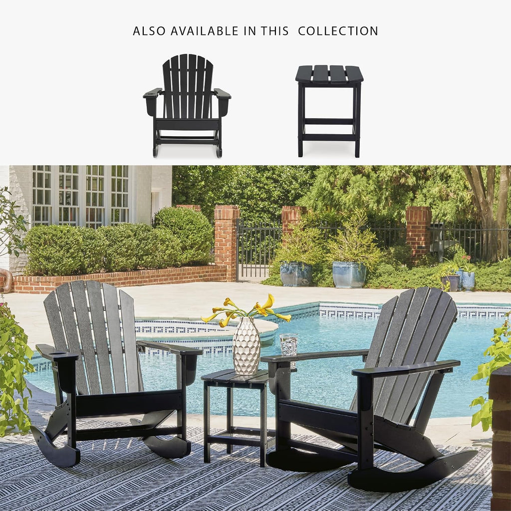 Signature Design by Ashley Adirondack Patio Rocking Chair, Black | All-weather HDPE rocking chair, Durable weather resistant material, 250 lb capacity, Built-in cup holder, Sundown Treasure