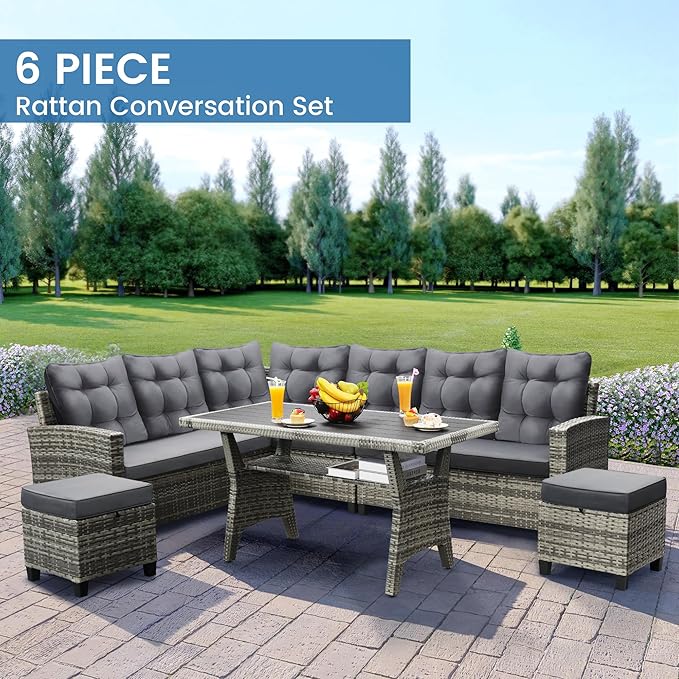 6-Piece Patio Furniture Set, Outdoor Sectional Sofa with Dining Table & Chairs, All-Weather Dining Set with Removable Cushion Covers, Ideal for Garden, Porch, Backyard, Grey