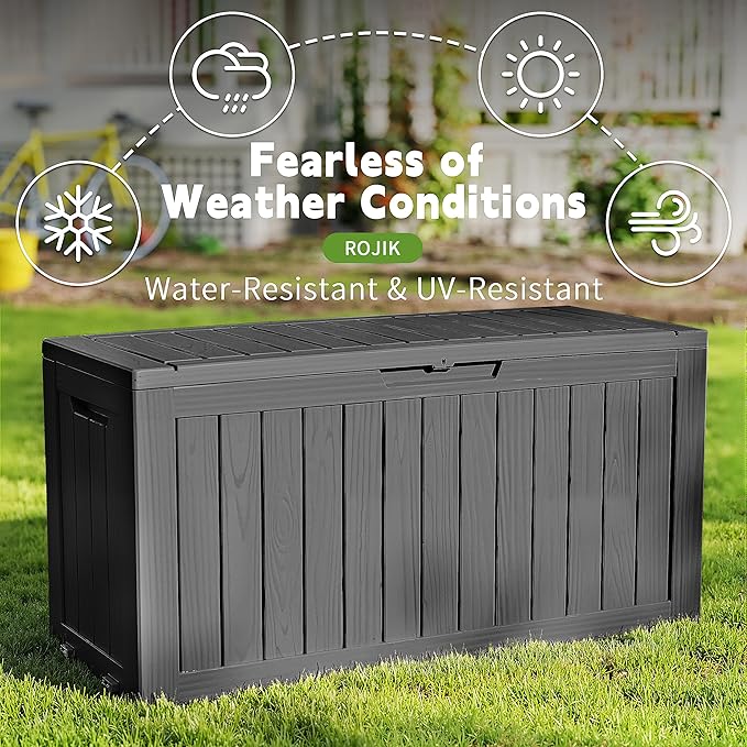 ROJIK Outdoor Storage Housing Deck Box - Waterproof Patio Furniture, Garden Tools, Cushions, Pool Accessories Storage Bench with Lockable Lid and Side Handles (Black 76 Gal)