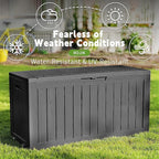 ROJIK Outdoor Storage Housing Deck Box - Waterproof Patio Furniture, Garden Tools, Cushions, Pool Accessories Storage Bench with Lockable Lid and Side Handles (Black 76 Gal)