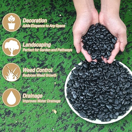 12lb Black Rocks for Planters- 1/4" - 3/4" Polished Black Stones Smooth Flat Pebbles for Fish Tanks Decorative River Rocks for Vases Bonsai Pots Garden Stones for Landscaping and Yards