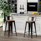 WENTMENT Bar Stools Set of 2 Counter Height Metal Barstools with Removable Back 30" Kitchen Bar Stools with Wooden Seat, Black