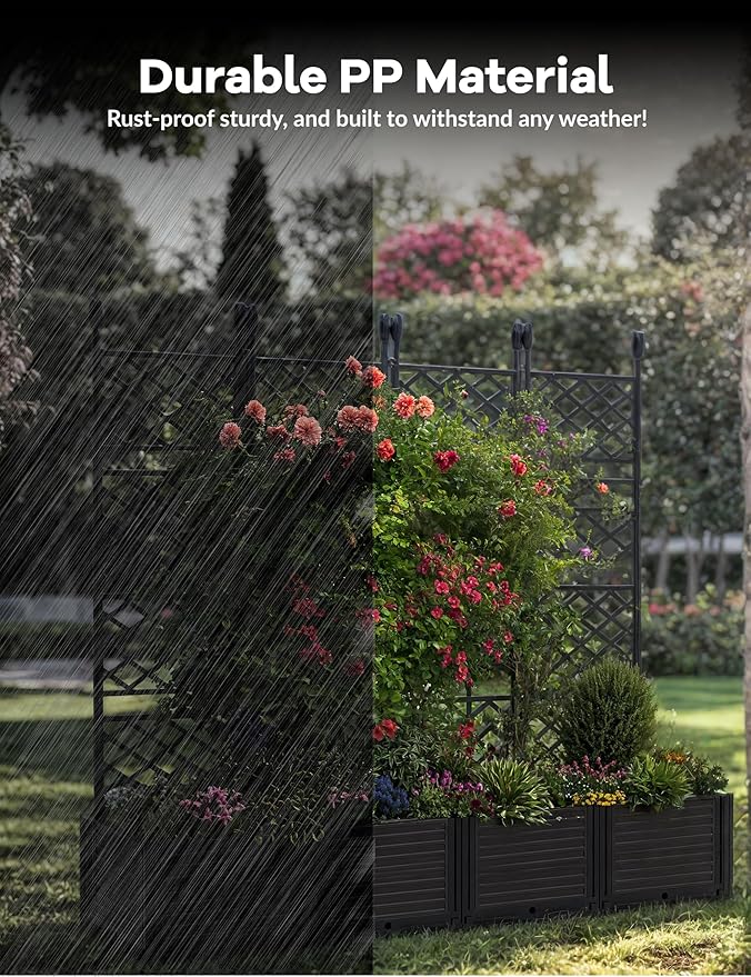 4 PCS Raised Garden Bed with Trellis,63" H Vertical Planter Box with Drainage Holes for Climbing Plants, Patio Privacy Screen & Balcony Garden