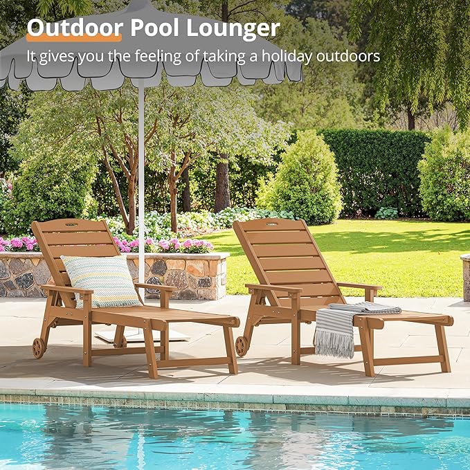 LUE BONA Outdoor Chaise Lounge Chairs Set of 4, HDPS Chaise Lounger, 5 Positions Adjustable Lounge Chairs, Pool Lounge Chair with Wheels for Poolside, 3 Year Warranty, Teak Color