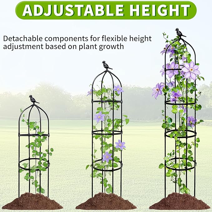 4-Pack 6FT Garden Obelisk Trellis for Climbing Plants,Adjustable 4-Tier Metal Plant Support,Rustproof Outdoor Plant Tower with 3 Decorative Tops for Roses,Tomatoes,Clematis & Vines,Black