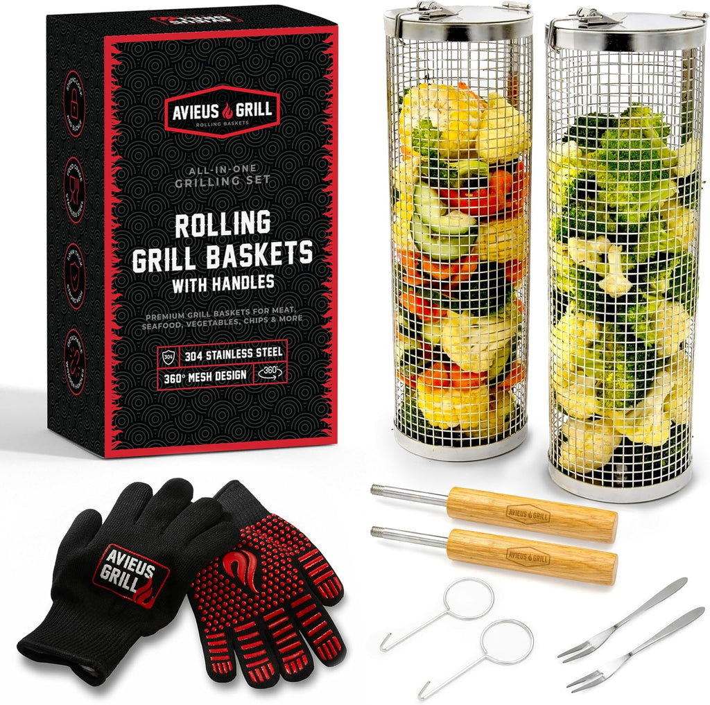 AVIEUS Grill Rolling Grill Basket | Rolling Grilling Baskets for Outdoor Grilling 2 Pcs | Barbecue Grill Set with BBQ Gloves | Portable Camping Net Rack Perfect for Vegetables, Seafood & Meat