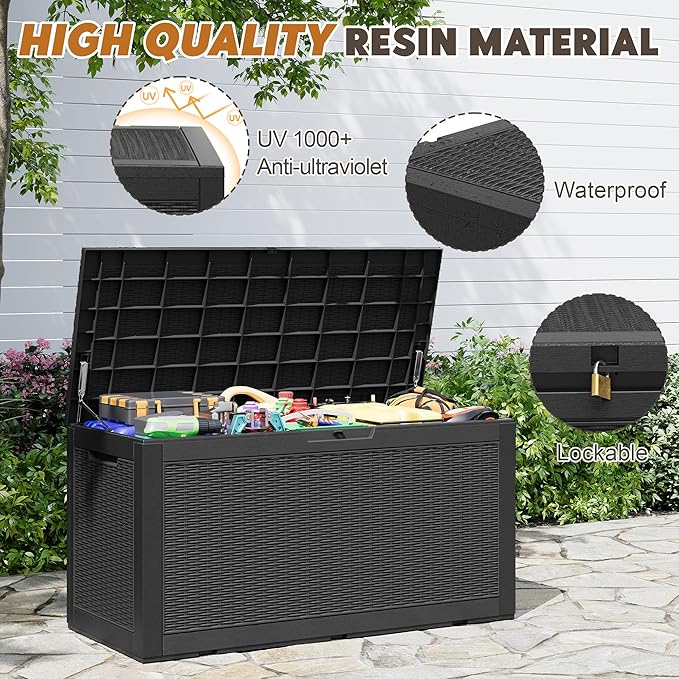 Outdoor Storage Box, Resin Deck Boxes Indoor and outdoor, Waterproof Storage Box Lockable Lid (Black,100 Gallon)