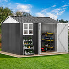 dwvo 10x8ft metal outdoor storage shed with window, close-up detail