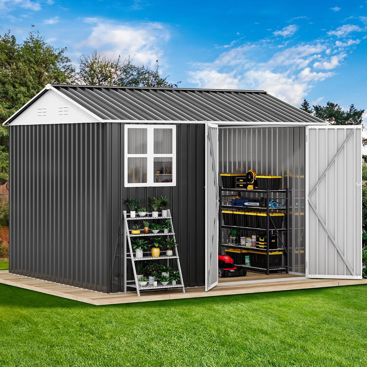 dwvo 10x8ft metal outdoor storage shed with window, close-up detail