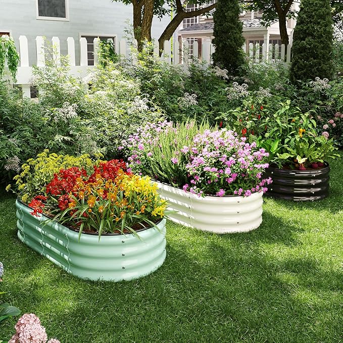 Galvanized Metal Planter Round Raised Garden Bed Kit for Gardening Outdoor，3x3x1ft Grow Garden Box Raised Flower Bed，Round Galvanized Planter Outdoor Large Metal Fire Pit Ring White