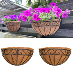 LaLaGreen Wall Hanging Planter, 2 Pack, 12 Inch Wall Mounted Flower Basket with Coco Liner for Outdoor Plants, Black Metal Wire Rail Herb Pot Holder Fence Railing Deck Porch Balcony Garden Patio Decor